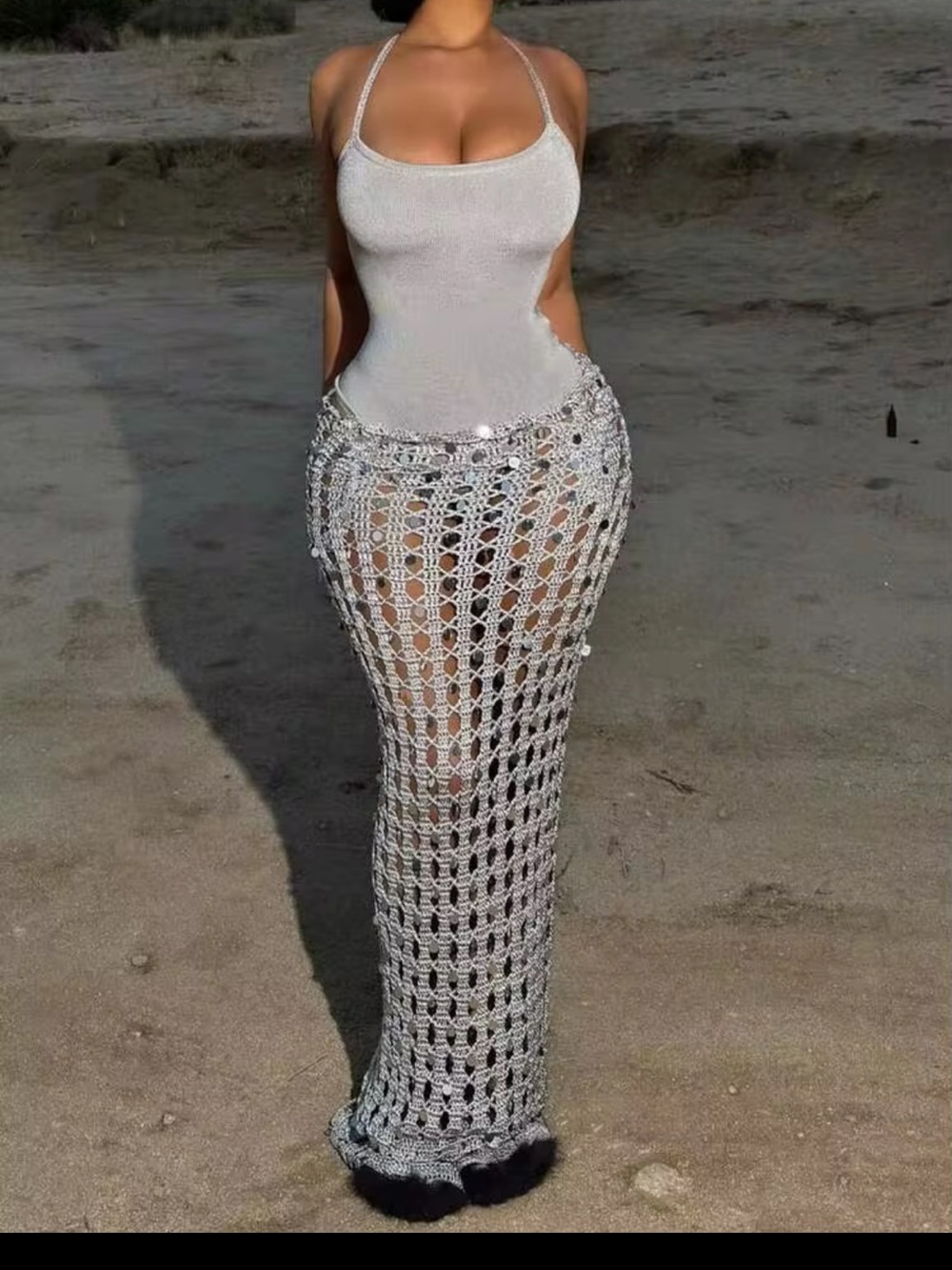 SHEIN White Halter Bodice Crochet Sheer Maxi Dress